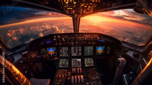 Cockpit view, beautiful clouds with sunrise, no pilot, 8K, AI generative