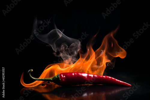 Hot chili peppers on fire on a black background, Generative AI 2