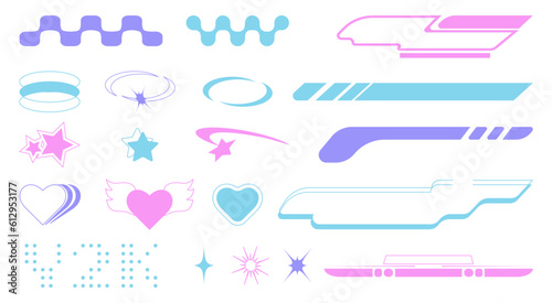 Set with Y2K elements. Aesthetic abstract vector shapes. Simple forms, symbols and frames y2k style.