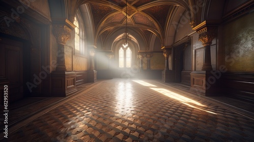  a large room with a light coming through the window and a tiled floor. generative ai