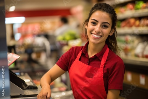 Smiling young female supermarket worker looking at the camera. Generative AI