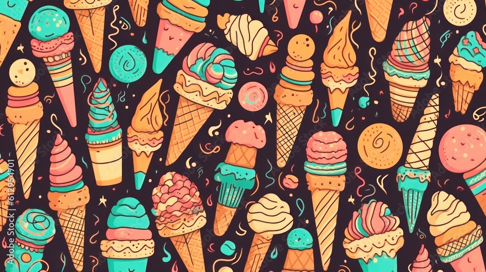 Pattern of popsicle ice cream in cones on a black background. Generative AI