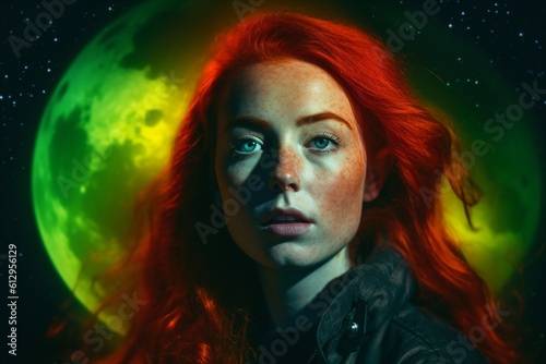 woman with freckles and long bright red hair in front of a green full moon created with Generative AI technology