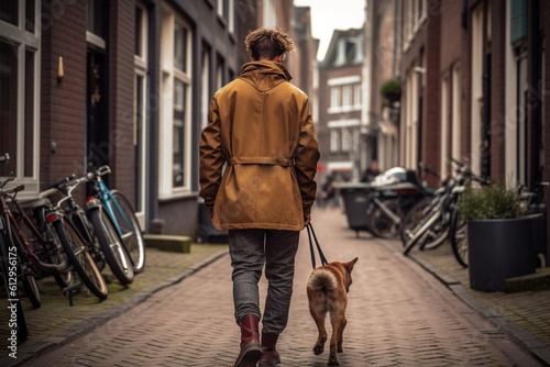 Person walking their dog on the streets of Amsterdam, fashion, sunset, urban pets