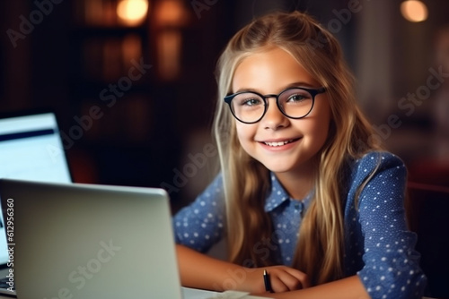 Young trendy beautiful school girl smiling, wearing round metal glasses. Studying in internet from home with laptop, she is in a prestigious elementary school. Luxury background. AI generative