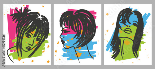 A set of creative abstract female portraits. Vector icon of people. For postcards, tee print, wallart, poster, cover, packaging, web, social media story design, cosmetics, beauty salon.
