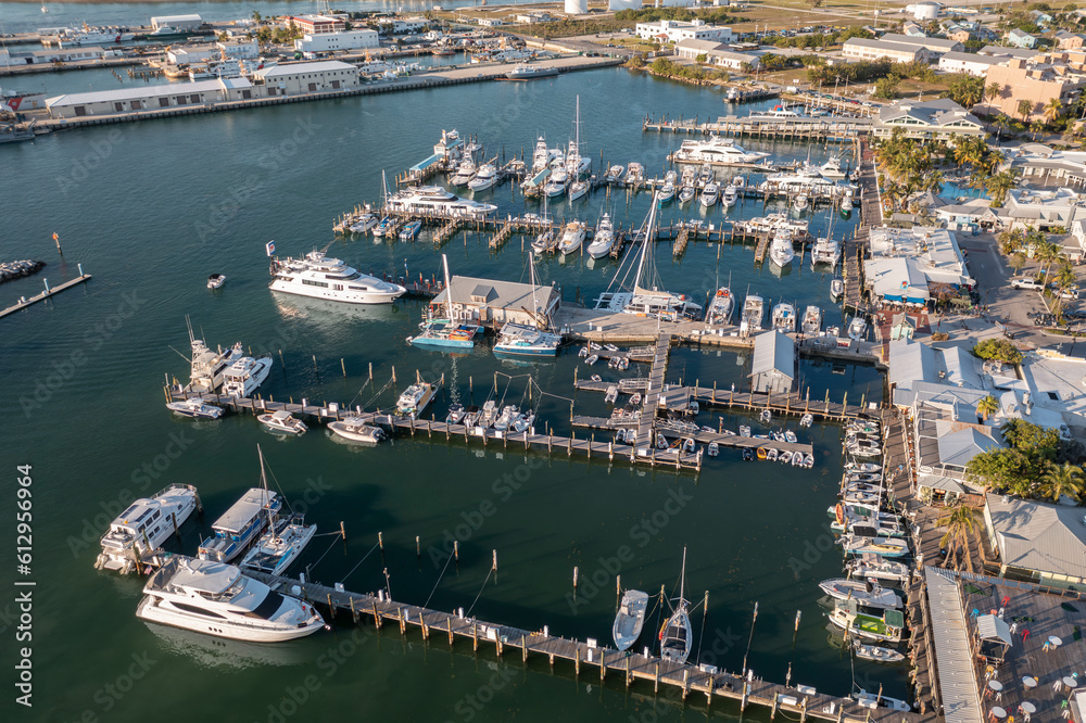 Aerial view of Key West, Florida cityscape landscape of harbor and yacht club with boats and yachts in boat dock