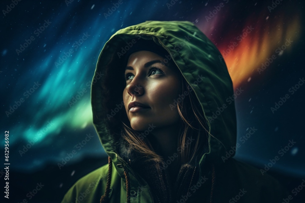woman in a green jacket with hood on her head created with Generative AI technology woman in a green jacket with hood on her head created with Generative AI technology