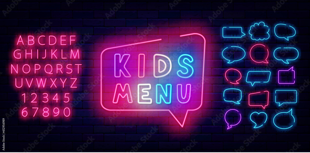 Kids menu neon label. Speech bubbles frames collection. Cafe and restaurant sign for children. Vector stock illustration