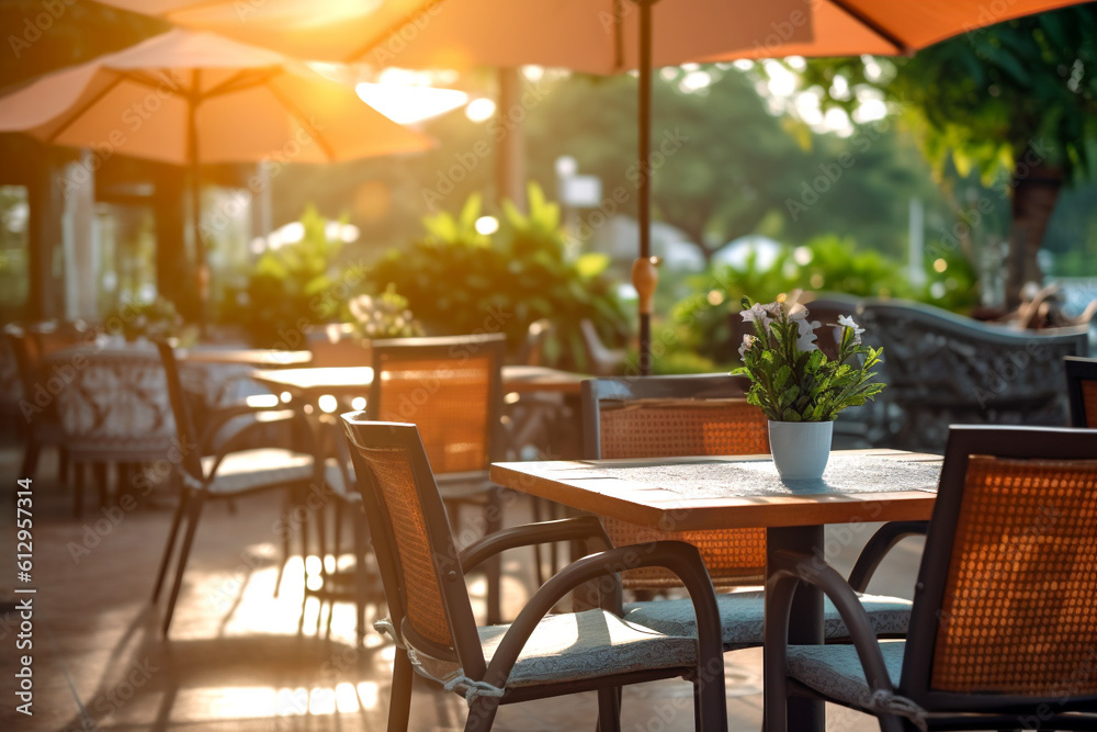 Cafe or restaurant tables and chairs outside with umbrella at morning. Generative Ai content