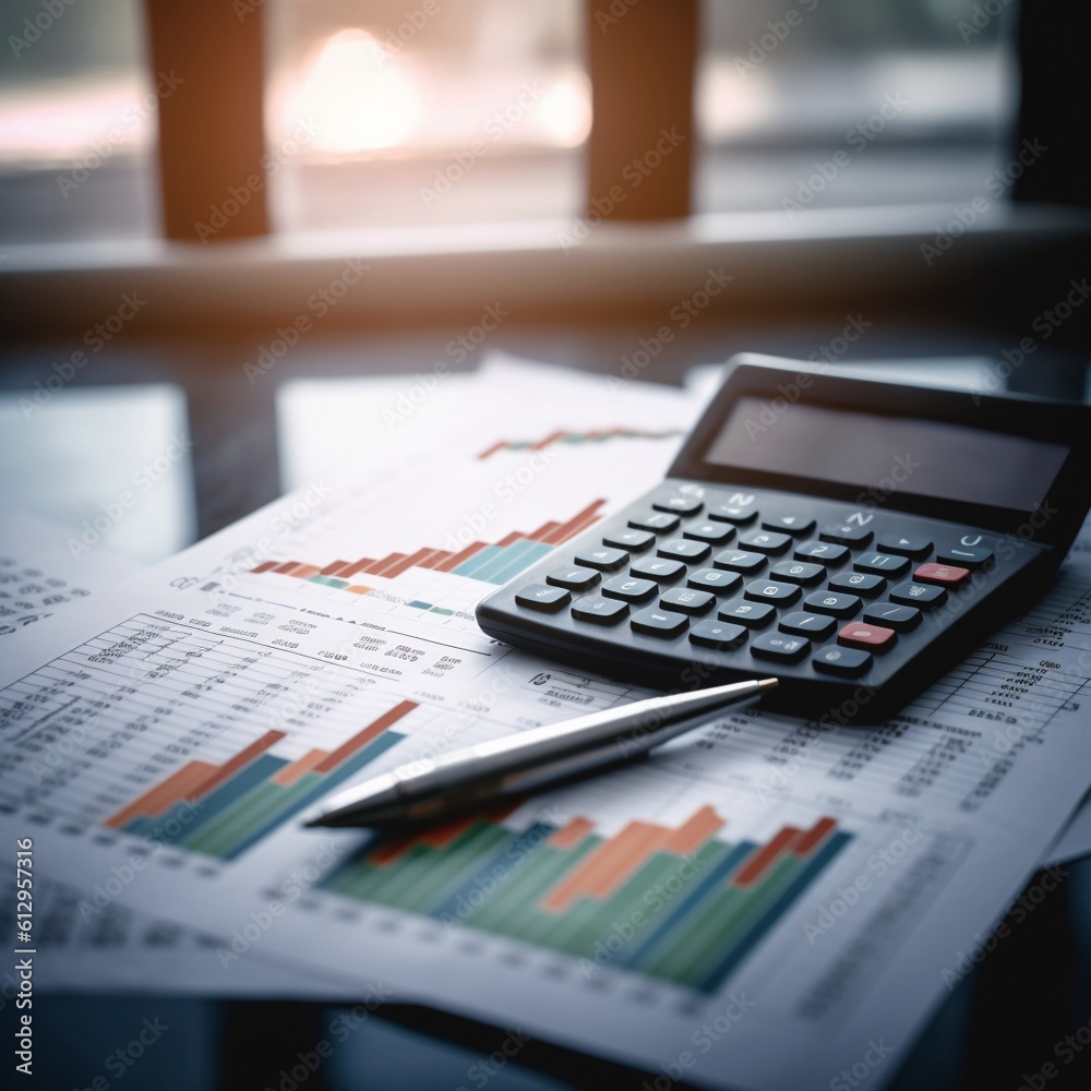 Calculator and pen with financial report and charts in the background Calculator and pen with financial report and charts in the background