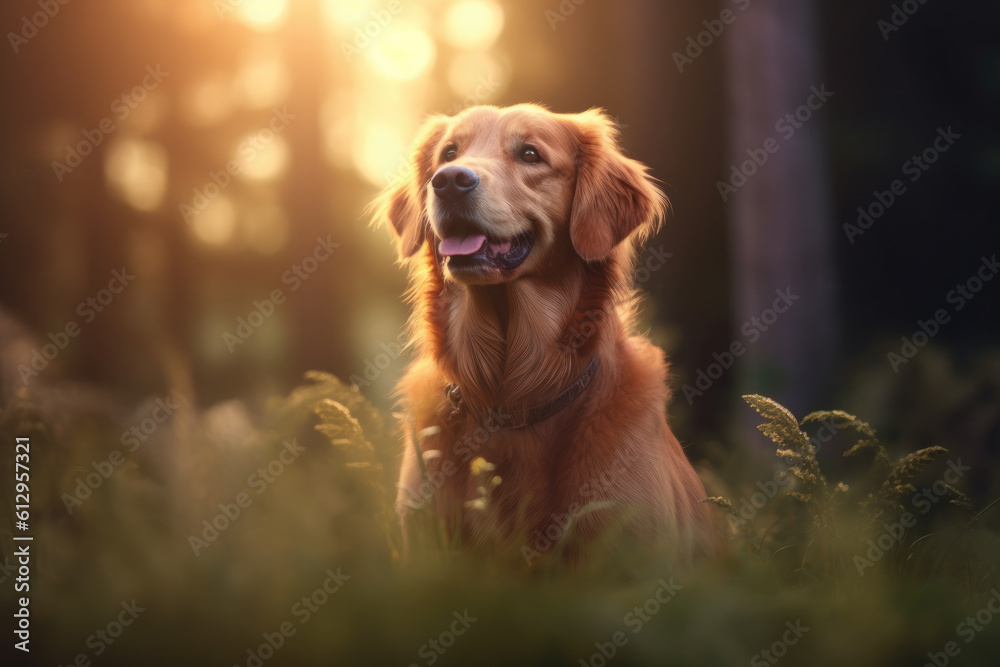 Portrait of a golden retriever dog with his tongue out. Leaves, grass, trees on a blurry background. Soft light. Generative AI.