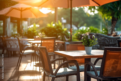 Cafe or restaurant tables and chairs outside with umbrella at morning. Generative Ai content