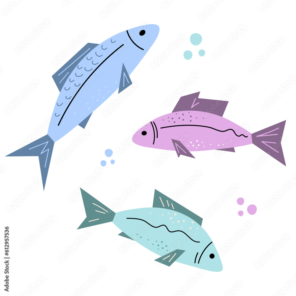 Obraz premium Fishes set, different flat sea or river water animal, decoration for design fishing on nature, enjoy hobbie, simple cartoony design. Isolated.Vector illustration