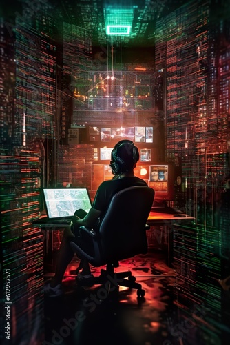 The image portrays a hacker sitting in front of multiple computer screens, surrounded by lines of code and various hacking tools. The hacker's face is concealed and illicit nature of cyberattacks.