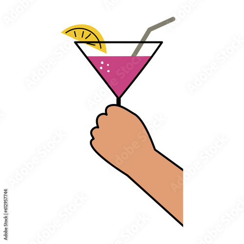 Hands hold martini clinking glass.Cheers toast, festive hand drawn alcohol drink decoration for holidays,romantic Valentine's Day design. Isolated.Vector illustration