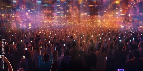 A group of individuals holding hands and raising their cellphones at a live event, concert, or party.. Generative Ai.