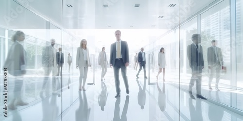 Businesspeople on a white, glass office background are blurred. Generative Ai. © MinixT