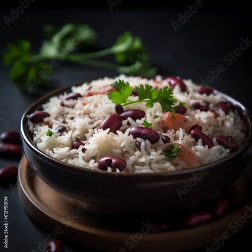 Colorful Belizean Rice and Beans with Fried Plantains and Salad photo