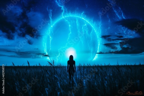 woman in a field running towards a circle of bright light created with Generative AI technology