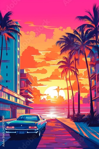  Illustration of Miami beach in a vibrant 1980s retro synthwave style, watercolor masterpiece.