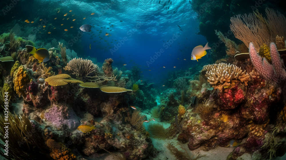 Dive into the mesmerizing depths of the ocean with this extraordinary underwater photograph. Behold the vibrant coral garden, a captivating display of intricate shapes and brilliant colors.