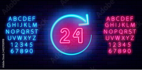 Around the clock neon label. Circle arrow with 24. Shiny pink and blue alphabet. Night club, bar. Vector illustration