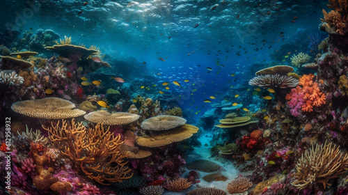 Dive into the mesmerizing depths of the ocean with this extraordinary underwater photograph. Behold the vibrant coral garden  a captivating display of intricate shapes and brilliant colors.
