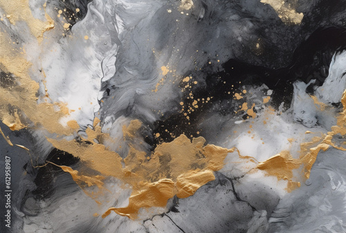 Gilded Elegance: A Captivating Gold, Black, and Grey Abstract Swirling Painting, Generative AI © Adolfo Perez Design