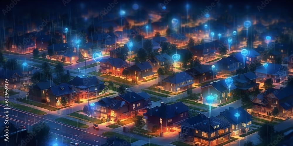 Smart houses, as well as the digital community. Concept of DX, IoT, and digital networks in society. data exchanges at night in suburban homes. Generative Ai. Smart houses, as well as the digital community. Concept of DX, IoT, and digital networks in society. data exchanges at night in suburban homes. Generative Ai.