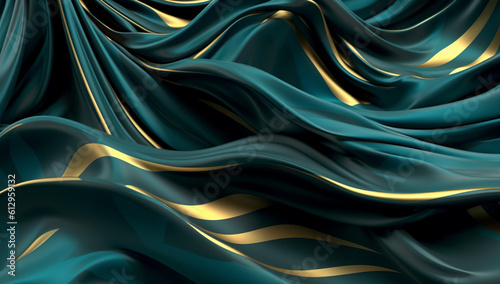 Dynamic Serenity: Mesmerizing Green and Gold Metal Silk Waves, Generative AI