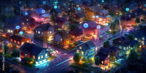 Smart houses  as well as the digital community. Concept of DX  IoT  and digital networks in society. data exchanges at night in suburban homes. Generative Ai.