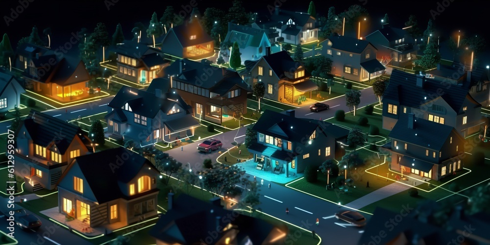 Smart houses, as well as the digital community. Concept of DX, IoT, and digital networks in society. data exchanges at night in suburban homes. Generative Ai.