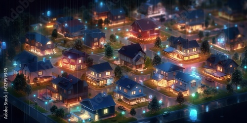 Smart houses, as well as the digital community. Concept of DX, IoT, and digital networks in society. data exchanges at night in suburban homes. Generative Ai. © MinixT