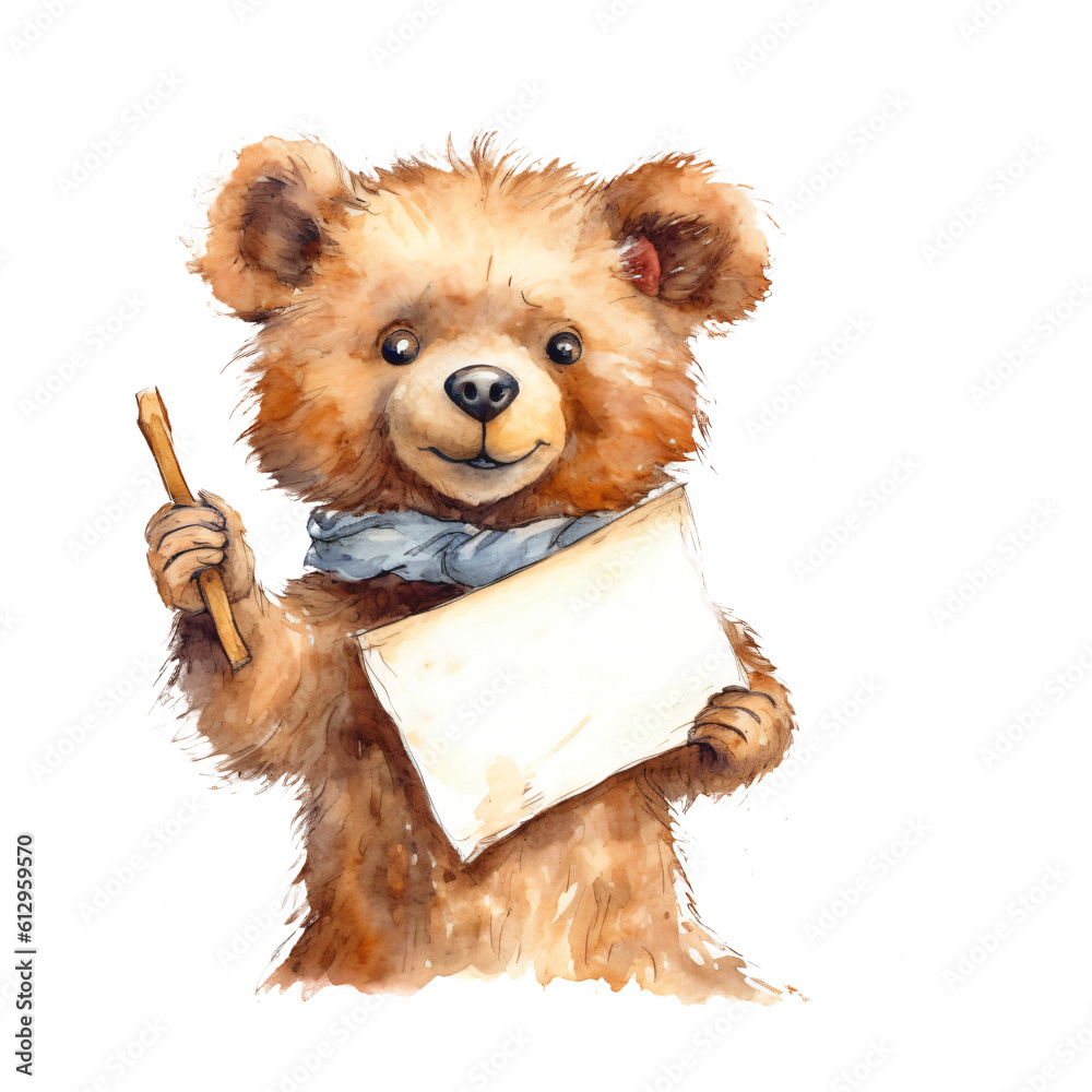cute teddy bear holding a blank sign in watercolor design isolated on ...