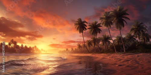 Sunset on a lovely beach with coconut trees. Generative Ai. © MinixT