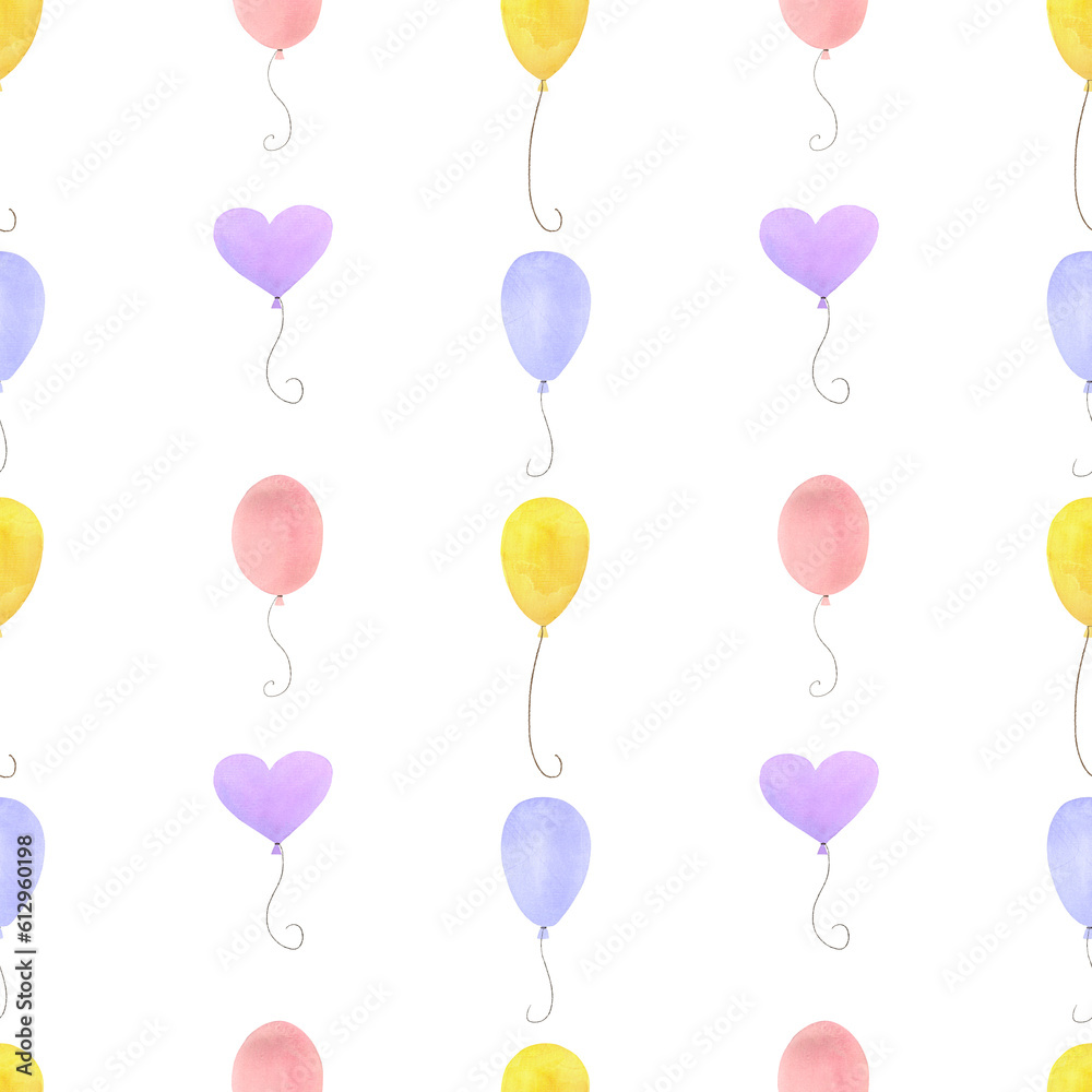 watercolor patter with balloons, yellow blue pink, heart balloon, hand drawn watercolor print isolated