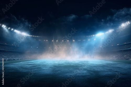 Nighttime ambiance: The dark night is brought to life by the dazzling glow of stadium lights, accompanied by wisps of enchanting smoke. Generative AI