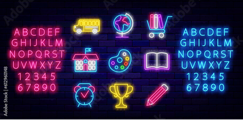 School neon icons set. Cup, globe and school bus. Shiny pink and blue alphabet. Vector stock illustration photo