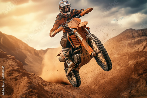 Rocky adrenaline rush: MX rider defies gravity on dirt track amid rugged mountains. Generative AI