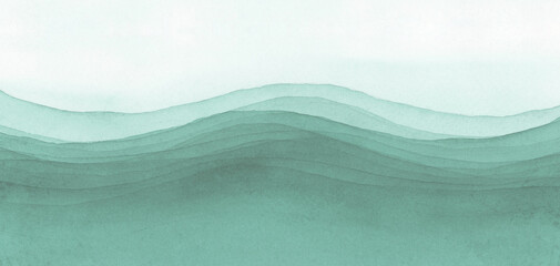 Abstract Watercolor wet flow blot smear painting. Sea wave water. Blue green color canvas texture horizontal long background.