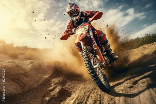 Thrill seeker: MX rider defies gravity on rocky dirt track. Generative AI
