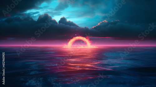 Enchanted Waters: Vibrant Neon Circle amidst Pink and Blue Clouds, Generative AI
