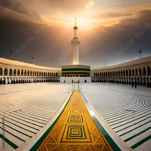 Hajj season with a wide-angle shot of pilgrims circumambulating the Kaaba, bathed in the warm glow of sunrise, symbolizing devotion, unity, and the sacredness of the Islam generative AI