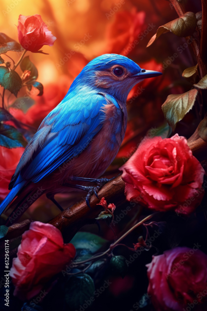 Close up of a blue bird on a branch.