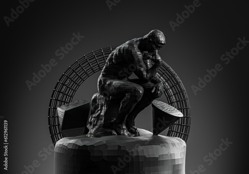 black thinking man statue and background 3d render image