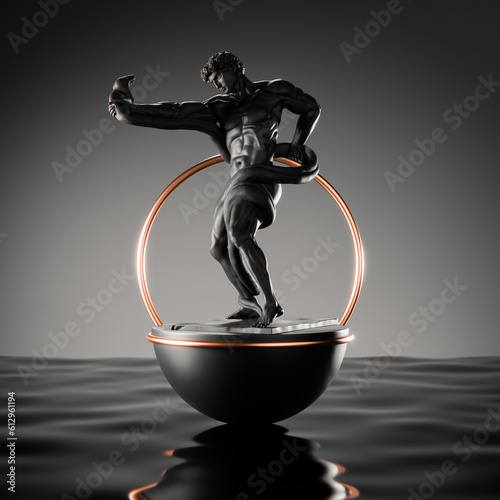 black statue of man holding snake in hand and background 3d render image