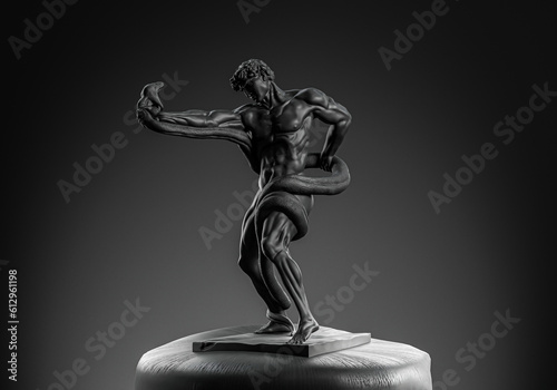 black statue of man holding snake in hand and background 3d render image