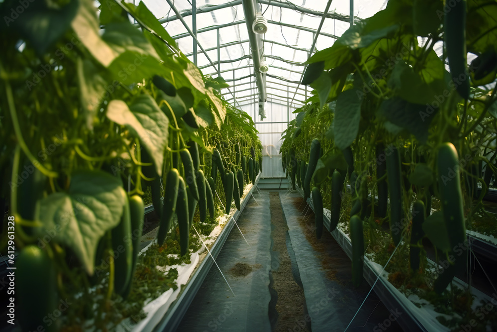 Cucumbers growing in a greenhouse, healthy vegetables without pesticide, organic product. Generative AI.