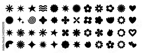Black flowers and shapes icons. Daisy floral organic form cloud star and other elements in trendy playful brutal style. Vector illustrations isolated on white background.